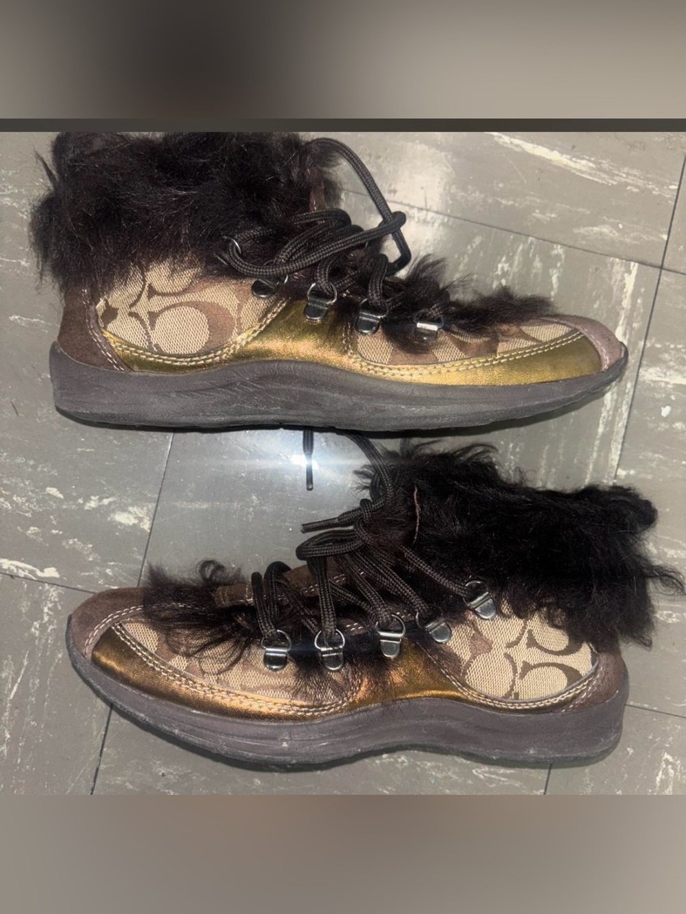 Women's Coach Faux Fur Trimmed Sneakers Size 6.5 M Brown & Gold